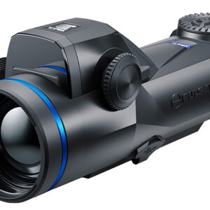 Optical riflescope with large objective lens, adjustment knobs, and blue accent ring, shown from the left side.