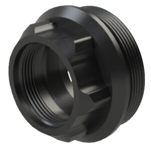 Black metal threaded pipe adapter with external and internal threads and a hexagonal body