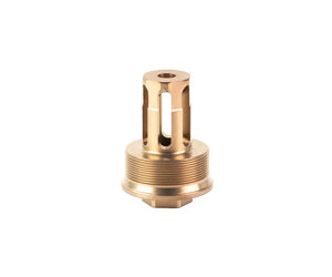Gold vape coil head with vertical slots, used in a vape atomizer.