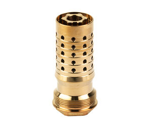 Brass spray nozzle with multiple holes and a threaded base for attaching to a hose, used to disperse water into a spray.