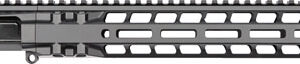 Close-up of a black rifle handguard rail with numerous M-LOK slots for mounting accessories at the fore-end.