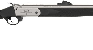 Bolt-action rifle with black synthetic stock, silver receiver, and long barrel.