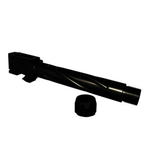 Black cylindrical metal tube with a threaded end and a separate cap, likely a tool or adapter component.