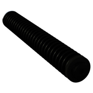 Black threaded lead screw cylinder with coarse external threads and a recessed hole at one end, shown at an angle