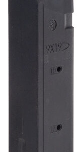 Black polymer pistol magazine with a blue follower showing at the top and a sturdy base plate.”] ,