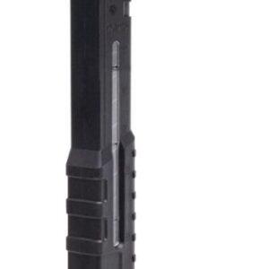 Black polymer detachable firearm magazine with a transparent viewing window along the side and a blue follower on top