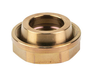 Brass flange nut with inner threaded bore and hexagonal flange base.