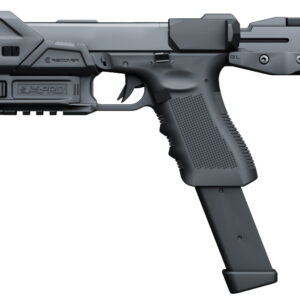 Sci-fi assault rifle in matte gray with folding stock, pistol grip, and magazine shown in profile on white background.