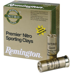 Box of Remington Premier Nitro Sporting Clays shotgun shells with two gold shells in front of the box.
