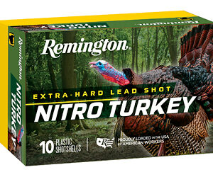 Remington Nitro Turkey extra-hard lead shot shotgun shells box, 10 plastic shells for turkey hunting.