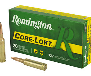 Remington Core-Lokt ammunition box with two rifle cartridges upright and one cartridge on its side.