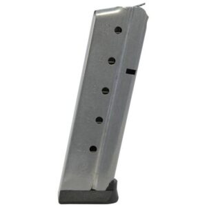 Silver metal pistol magazine with a black baseplate, angled to the left.