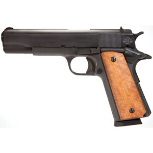 Semi-automatic pistol with a black finish and wooden grip, left-side view.0, left-side view of a black semi-automatic handgun with brown wooden grip; branding reads Rock Island Armory.