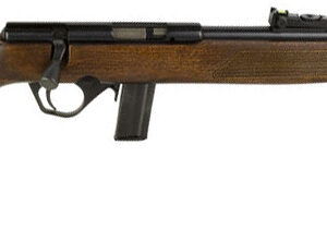 Bolt-action hunting rifle with a polished wooden stock and black barrel, shown in profile against a white background.