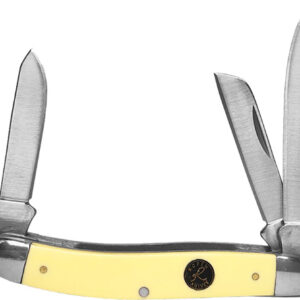 Open multi-blade pocket knife with a yellow handle and four blades extended