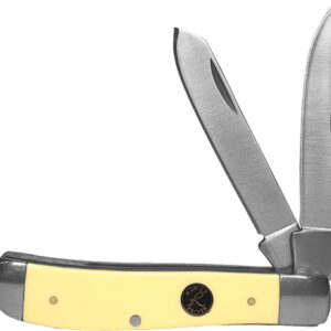 Two-blade pocket knife with a cream handle and metal bolsters, blades extended.