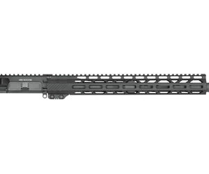 AR-15 style upper receiver with a long free-floating M-LOK handguard and muzzle device, shown in profile against a white background.