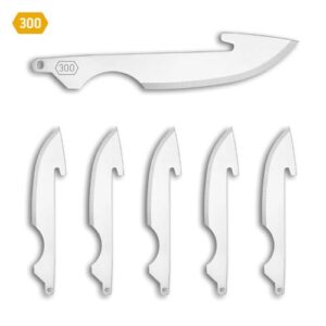 Six curved, light-gray replacement blades plus one larger curved primary blade with '300' stamp, laid out separately.