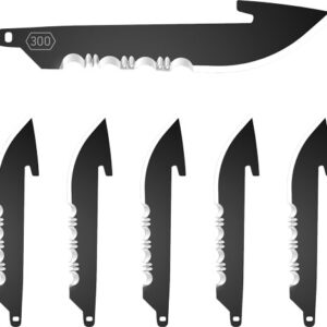 Six curved karambit-style blades with serrated spines and white handles, shown alongside a larger matching top blade.