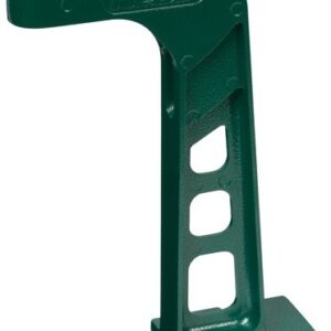 Green metal L-shaped support bracket with a vertical perforated beam and a flat base plate; features a rounded arm at the top and rectangular cutouts along the column.