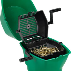 Green plastic container with hinged lid opened to reveal a black pull-out tray filled with brass nails; a side-mounted hand crank suggests a nail/dispenser or fastener organizer.