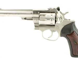Silver revolver with a long barrel and dark wood grip on a white background