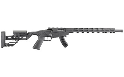 Semi-automatic rifle with collapsible stock, pistol grip, long vented handguard, and curved magazine.