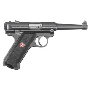 Profile view of a black semi-automatic pistol with a textured grip and long barrel, shown from the left side