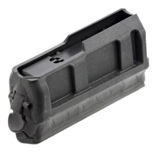 Black polymer pistol magazine shown lying on its side, with a textured grip and feed lips visible at the top.