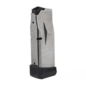 Metallic handgun magazine with a black plastic baseplate, standing upright