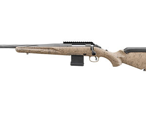 Bolt-action hunting rifle with a tan camouflage wooden stock, long barrel, and detachable magazine.