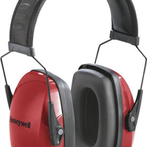 Red Honeywell over-ear safety earmuffs with black padded headband and cushioned ear cups for hearing protection