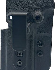 Black polymer handgun holster with belt-clip attachment and visible screws for mounting