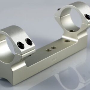 Silver dual-ring scope mount with a rectangular base for attaching a rifle scope.