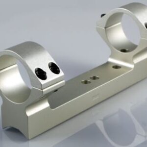 Aluminum double-ring scope mount on a flat base for attaching a rifle scope (silver finish).