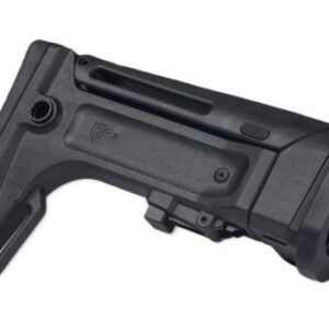 Black adjustable rifle buttstock with mounting point, shown from the side.