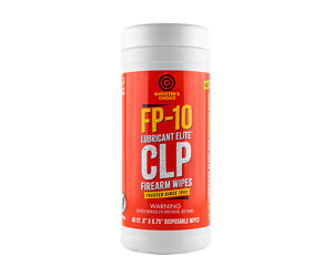 White bottle of FP-10 CLP firearm wipes with a red label.