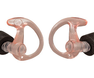 Pair of translucent pink in-ear earplugs with black foam tips, designed for swimming or noise protection