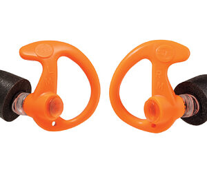 Pair of orange swim earplugs with black foam tips and circular handles.