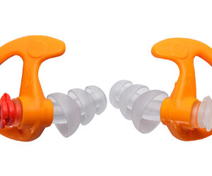Pair of bright orange earplugs with white flexible tips, designed to seal the ear for swimming or noise protection.