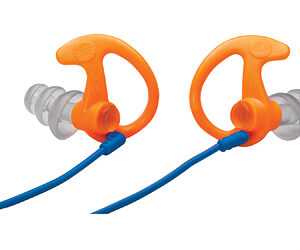 Pair of orange earplugs with gray silicone tips connected by blue cords.
