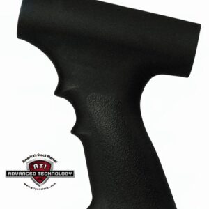 Black textured pistol grip for a firearm, photographed at an angle with ATI Advanced Technology logo in the corner.