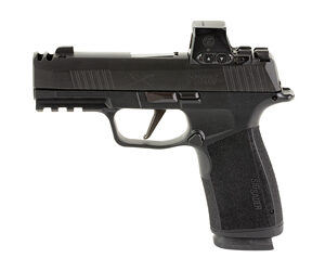 Black semi-automatic handgun with a compact frame and a mounted optic on top, shown in profile on a white background.