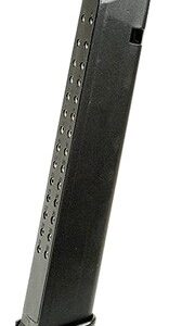 Detachable handgun magazine standing upright, black with a textured side and baseplate.