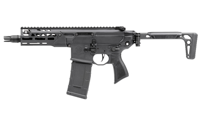 AR-style semi-automatic rifle with a black folding stock, pistol grip, and a detachable magazine inserted; side view showing rail sections on the handguard.