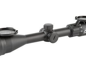 Black riflescope with adjustable turrets and magnification ring for precision aiming