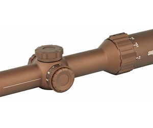 Brown rifle scope with locking elevation/windage turrets and SIG SAUER branding, used for precision aiming on a rifle