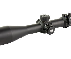 Black rifle scope with large front lens and adjustment dials on a central tube (side view).