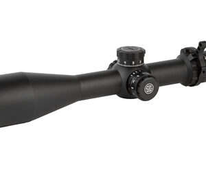 Black rifle scope with large objective lens and adjustment turrets for precision aiming
