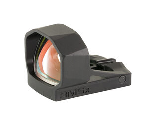 Compact black reflex red-dot sight with protective hood, designed for mounting on a firearm rail.